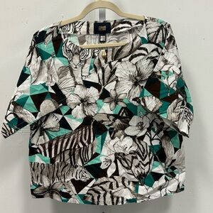 Cavalli Class Animal Floral Print Boxy‎ Relaxed Fit T-shirt Blouse Sz 6 Green
